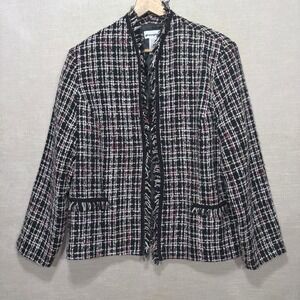 Perceptions‎ Tweed Jacket Womens 18 Plaid Fringe Black White Pink Blazer